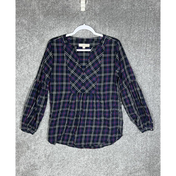 Loft Puff Sleeve Flowy Tunic‎ Top Womens Size Medium Blue Black Red Plaid - Picture 1 of 9